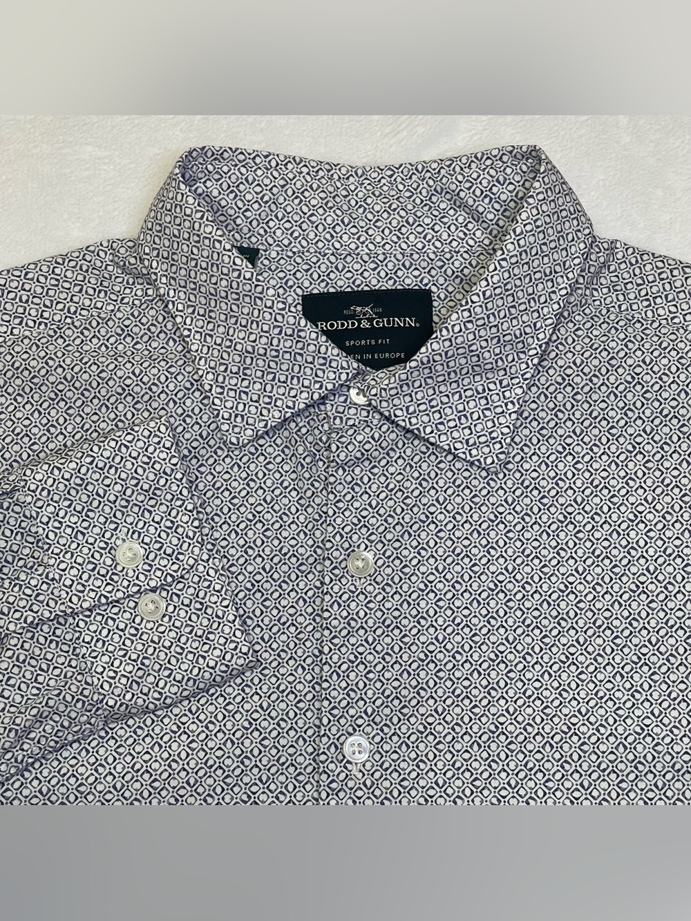 Rodd & Gunn Sports Fit Shirt 2XL Woven in Europe Cotton Blue Geometric Print